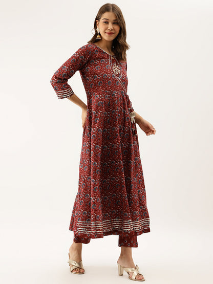 Women Maroon Floral Printed Cotton Anarkali Kurta Set With Dupatta | LASVINI - Redefining Indian Fashion with Elegance