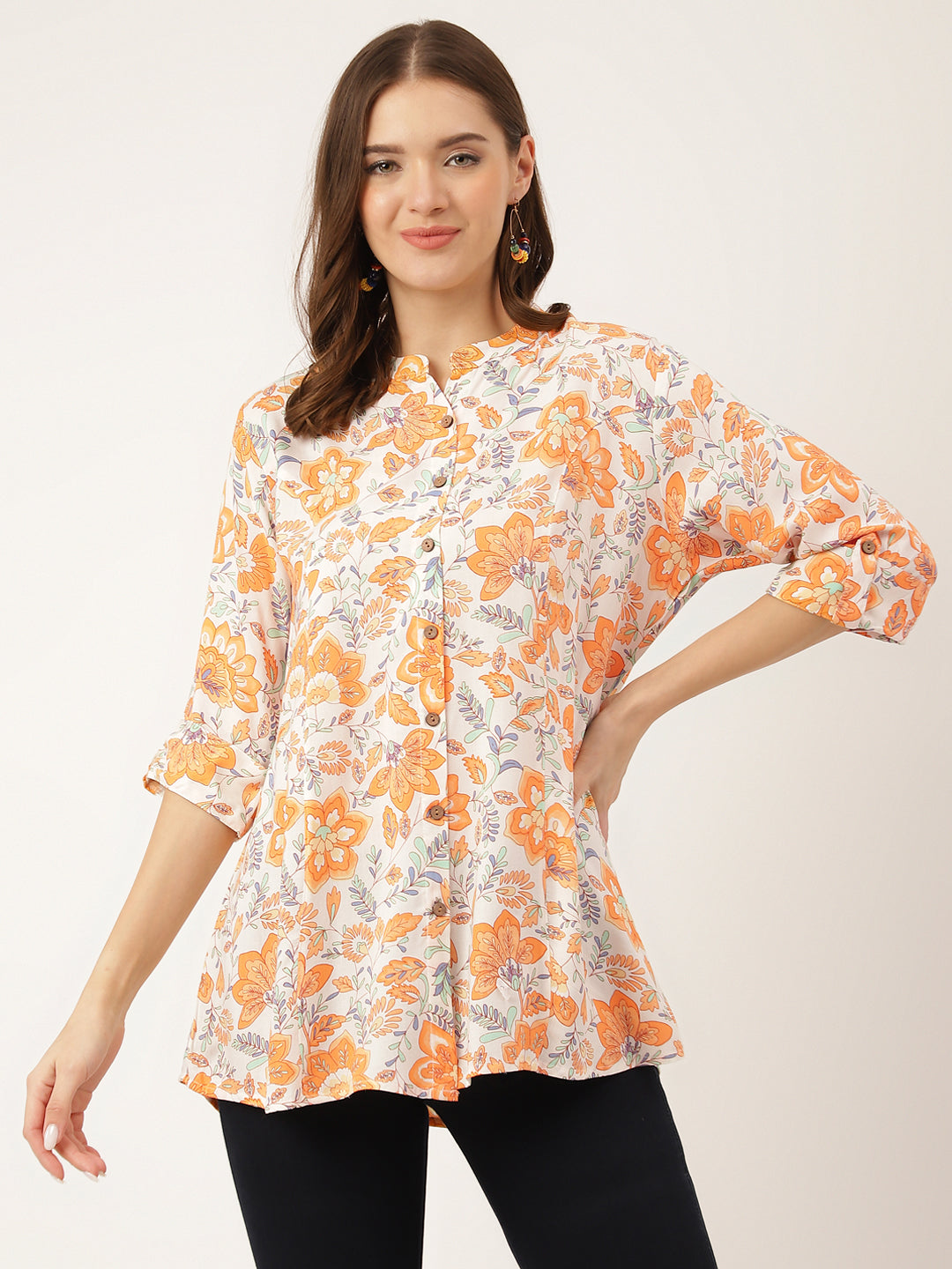 Orange Floral Print Rayon Regular Top | LASVINI - Redefining Indian Fashion with Elegance