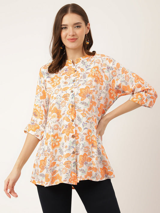 Orange Floral Print Rayon Regular Top | LASVINI - Redefining Indian Fashion with Elegance