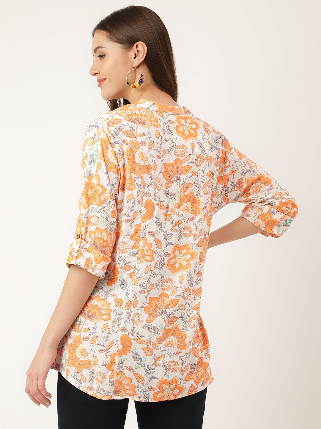Orange Floral Print Rayon Regular Top | LASVINI - Redefining Indian Fashion with Elegance