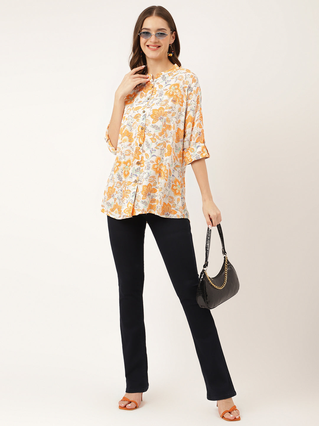 Orange Floral Print Rayon Regular Top | LASVINI - Redefining Indian Fashion with Elegance