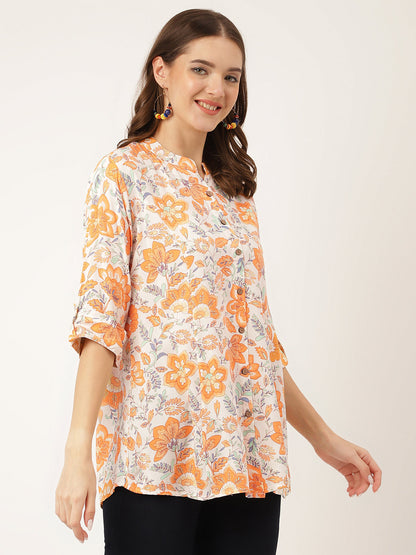 Orange Floral Print Rayon Regular Top | LASVINI - Redefining Indian Fashion with Elegance