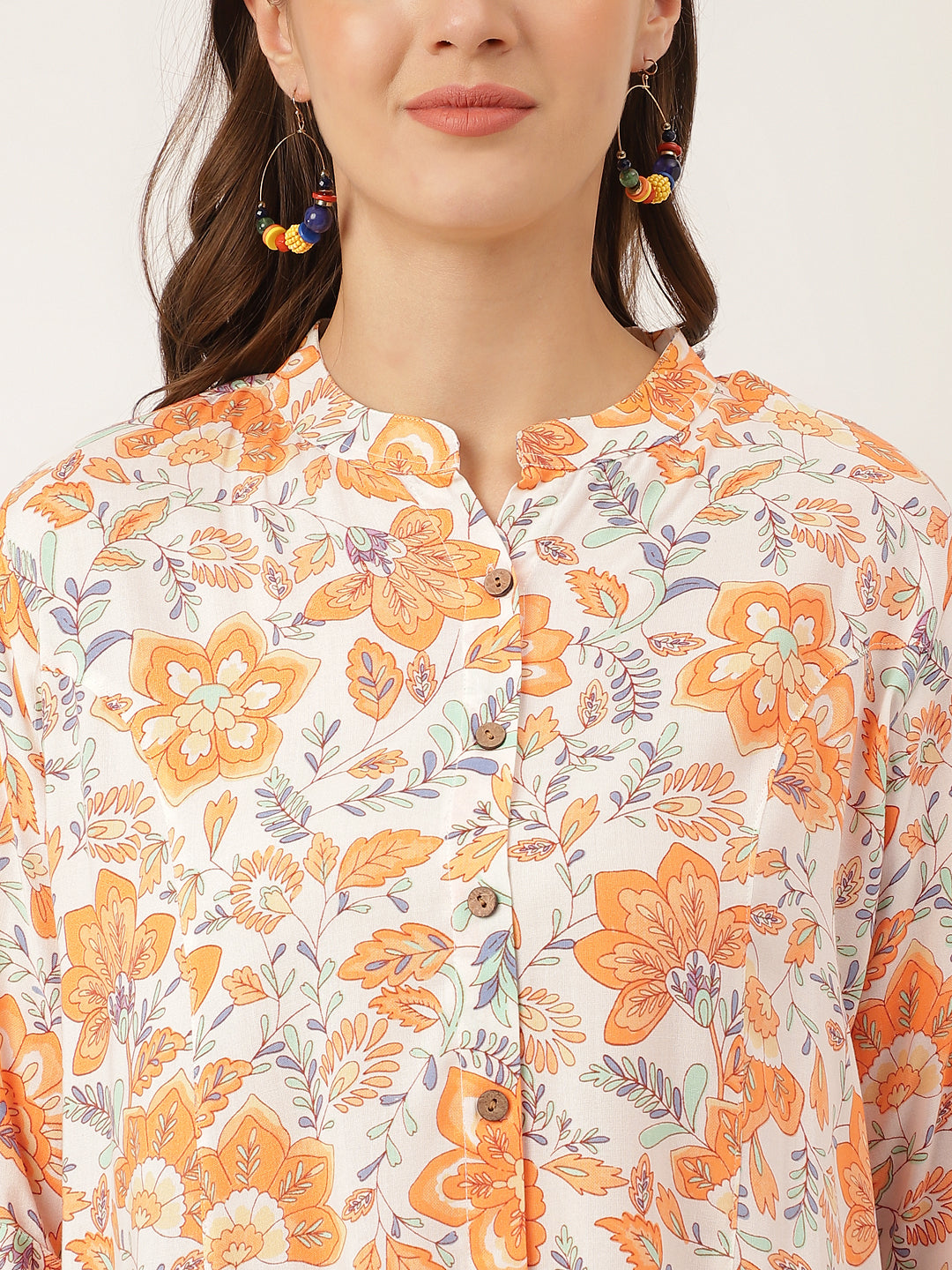 Orange Floral Print Rayon Regular Top | LASVINI - Redefining Indian Fashion with Elegance