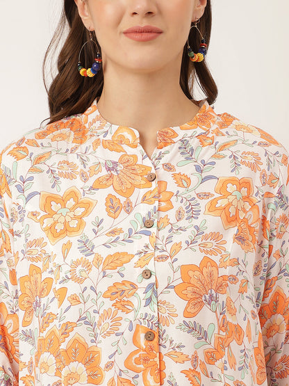 Orange Floral Print Rayon Regular Top | LASVINI - Redefining Indian Fashion with Elegance