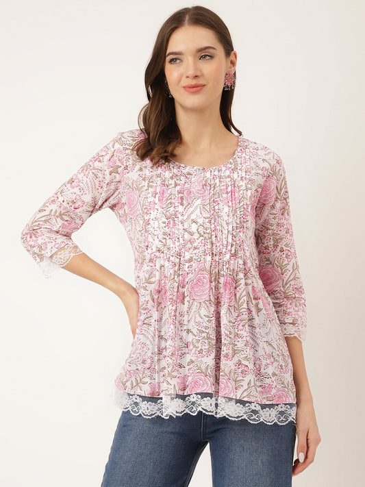 Pink Floral Print Cotton Peplum Top With Pintuck Detailing | LASVINI - Redefining Indian Fashion with Elegance