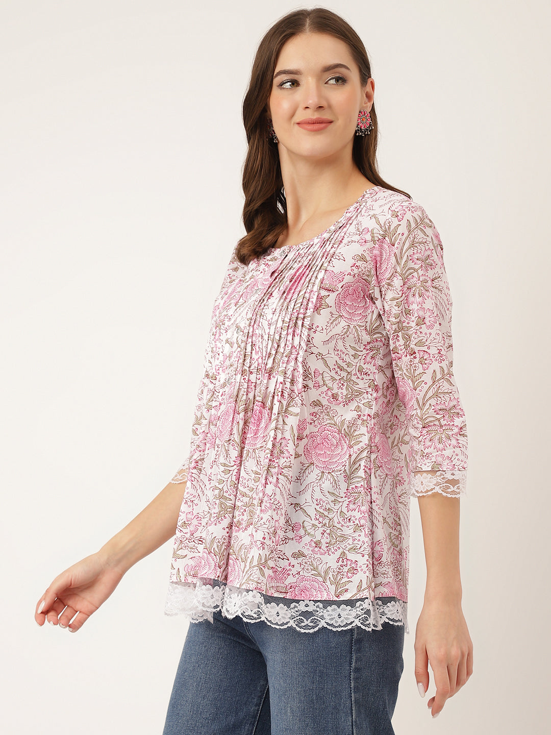 Pink Floral Print Cotton Peplum Top With Pintuck Detailing | LASVINI - Redefining Indian Fashion with Elegance