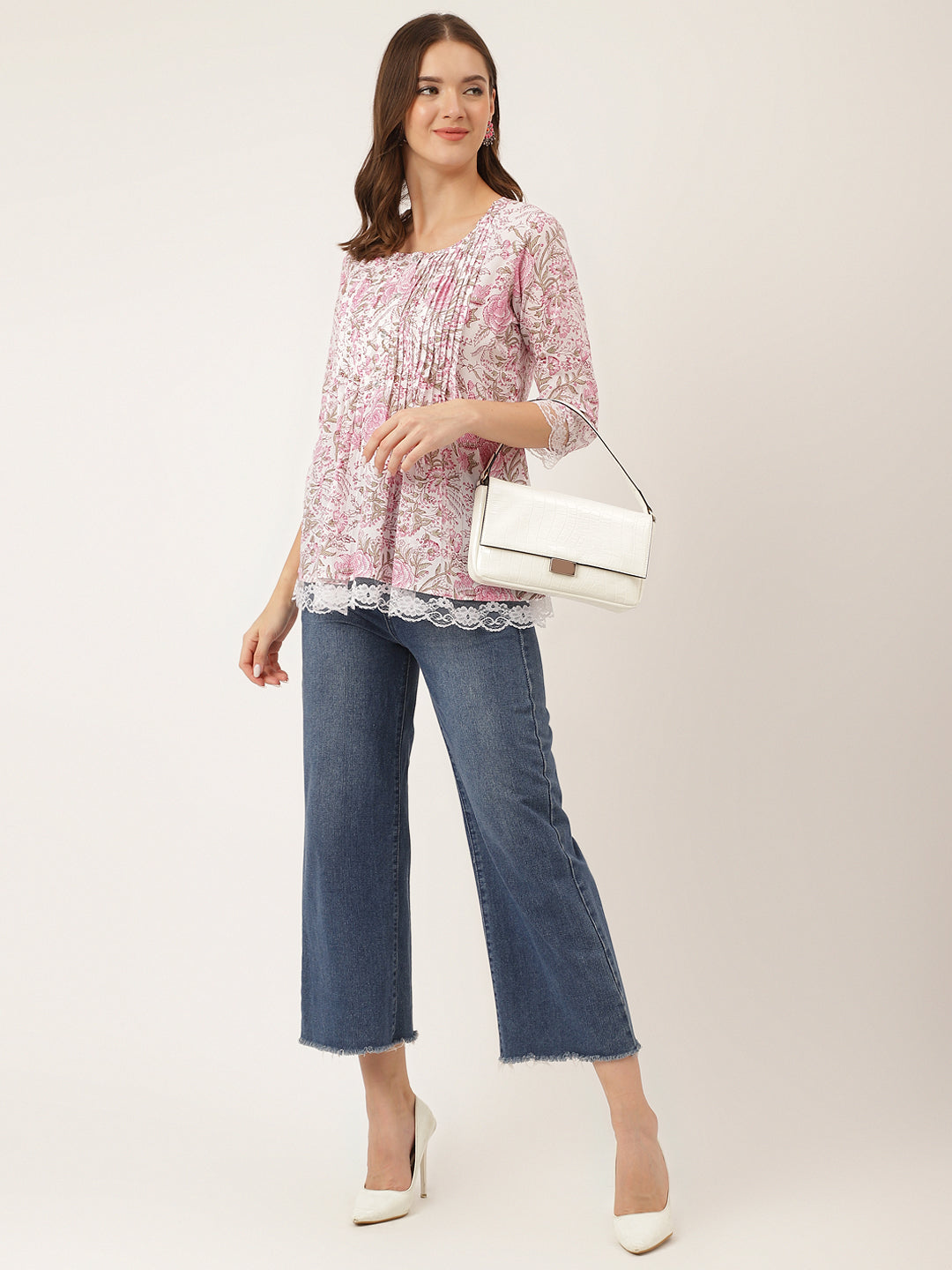 Pink Floral Print Cotton Peplum Top With Pintuck Detailing | LASVINI - Redefining Indian Fashion with Elegance