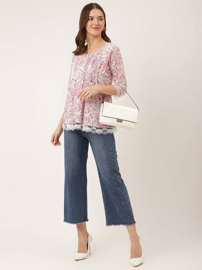Pink Floral Print Cotton Peplum Top With Pintuck Detailing | LASVINI - Redefining Indian Fashion with Elegance