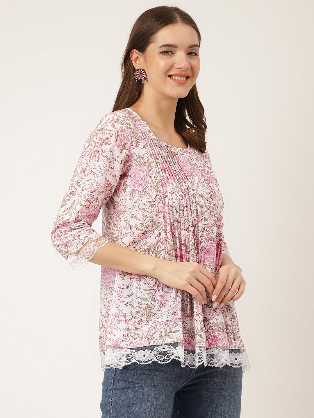 Pink Floral Print Cotton Peplum Top With Pintuck Detailing | LASVINI - Redefining Indian Fashion with Elegance