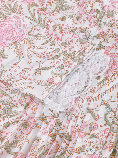 Pink Floral Print Cotton Peplum Top With Pintuck Detailing | LASVINI - Redefining Indian Fashion with Elegance