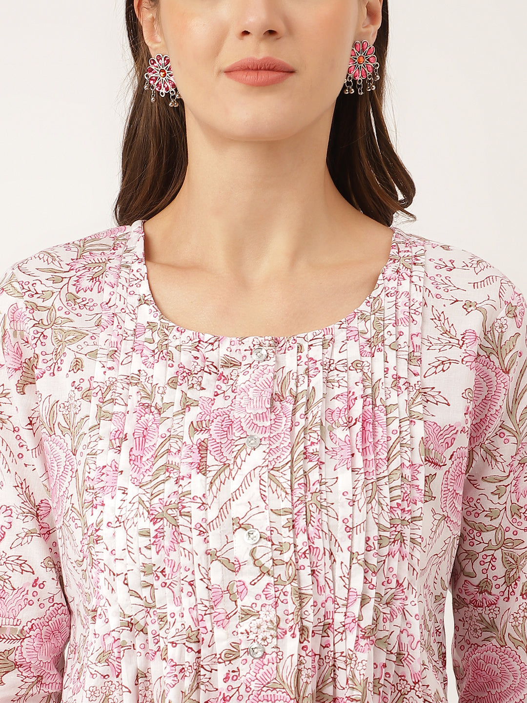 Pink Floral Print Cotton Peplum Top With Pintuck Detailing | LASVINI - Redefining Indian Fashion with Elegance