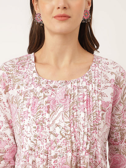 Pink Floral Print Cotton Peplum Top With Pintuck Detailing | LASVINI - Redefining Indian Fashion with Elegance