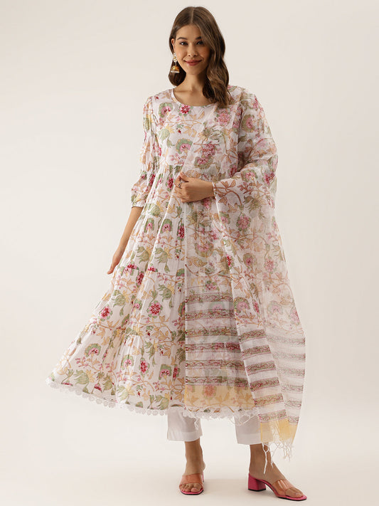 Women White Handblock Floral Printed Cotton Anarkali Kurta Set With Kota Doria Dupatta | LASVINI - Redefining Indian Fashion with Elegance