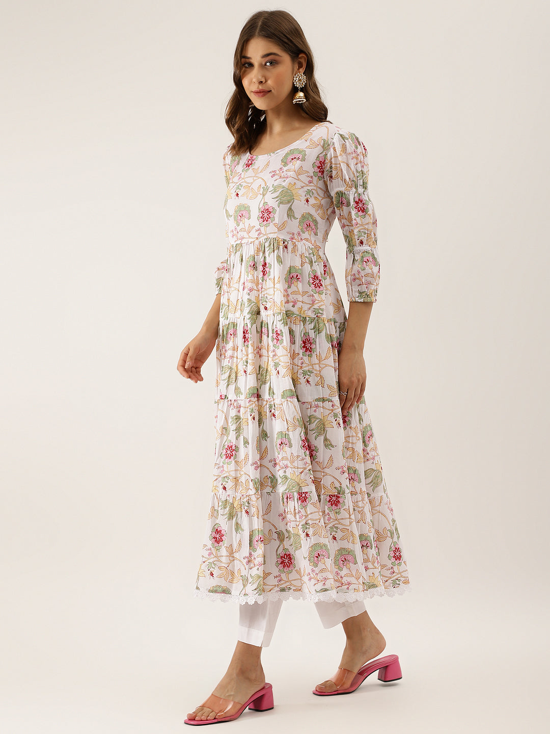 Women White Handblock Floral Printed Cotton Anarkali Kurta Set With Kota Doria Dupatta | LASVINI - Redefining Indian Fashion with Elegance
