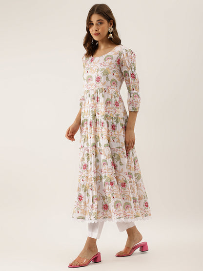 Women White Handblock Floral Printed Cotton Anarkali Kurta Set With Kota Doria Dupatta | LASVINI - Redefining Indian Fashion with Elegance