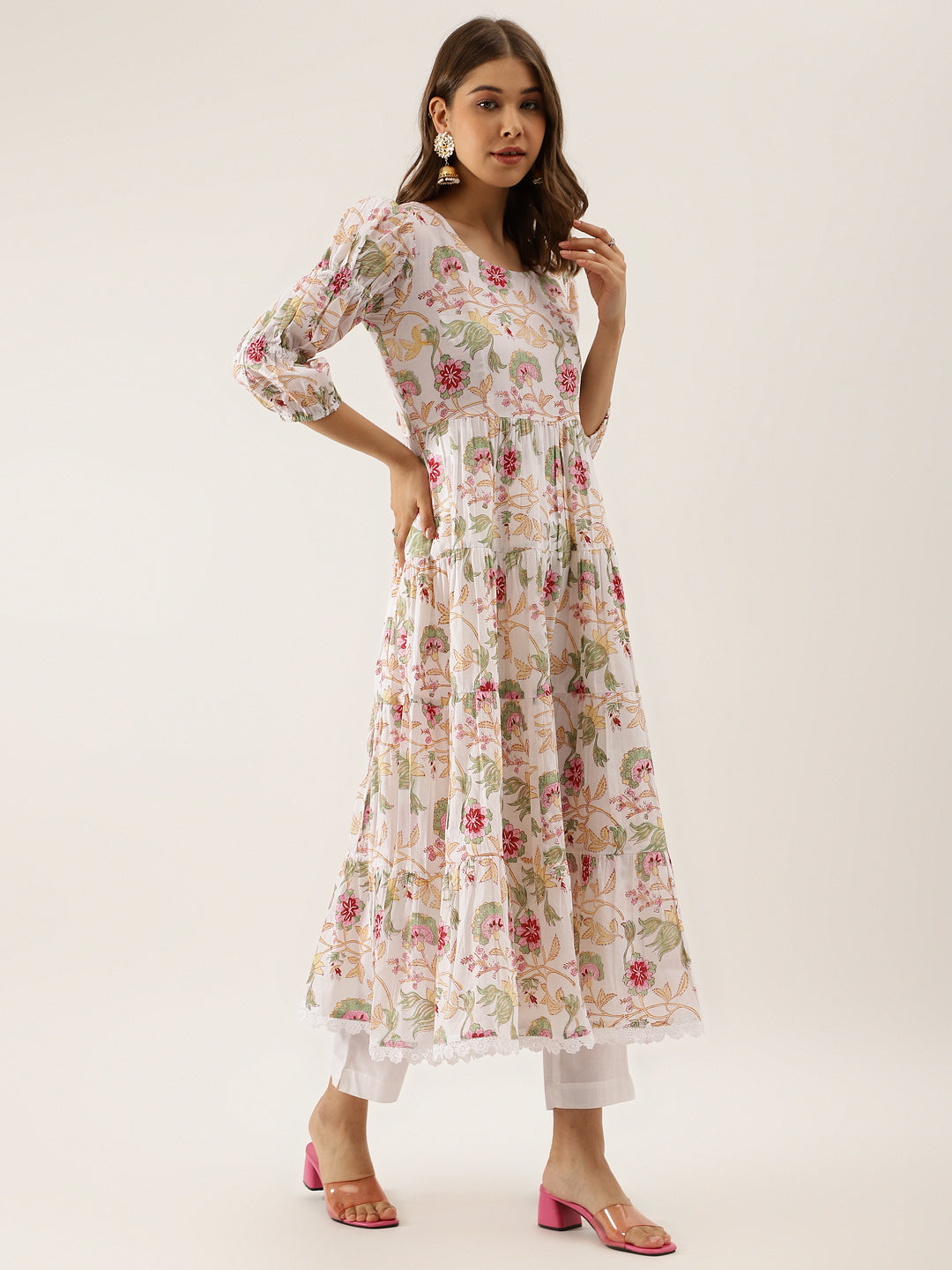 Women White Handblock Floral Printed Cotton Anarkali Kurta Set With Kota Doria Dupatta | LASVINI - Redefining Indian Fashion with Elegance