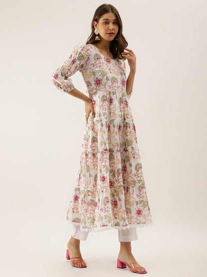 Women White Handblock Floral Printed Cotton Anarkali Kurta Set With Kota Doria Dupatta | LASVINI - Redefining Indian Fashion with Elegance