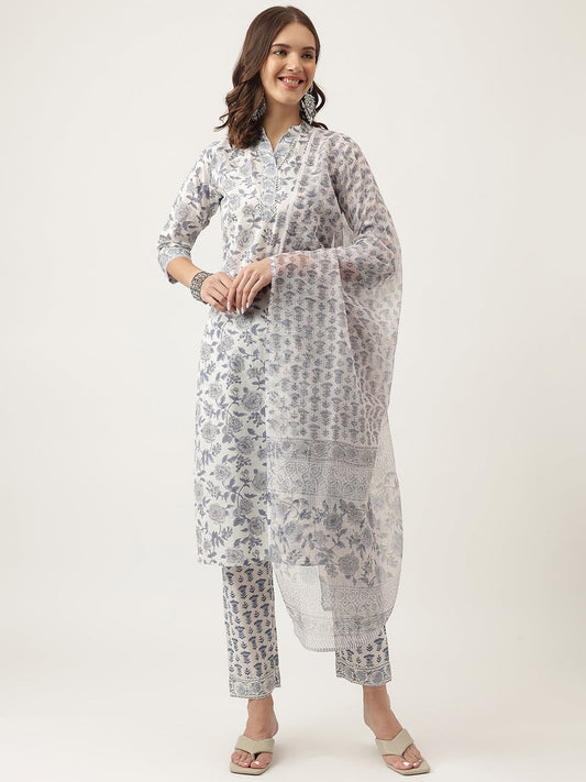 Sky Blue Floral Printed Cotton Straight Kurta, Trousers With Dupatta Set | LASVINI - Redefining Indian Fashion with Elegance
