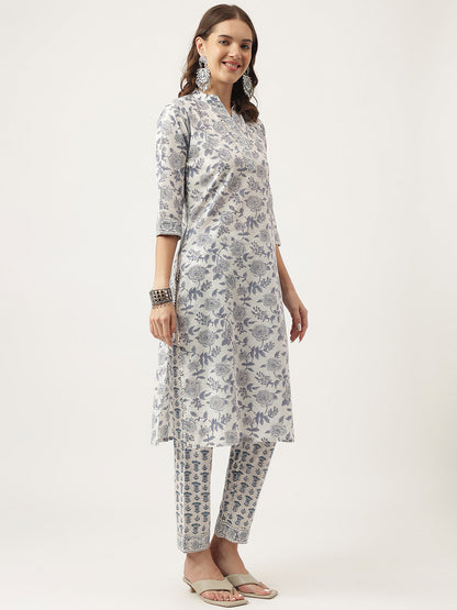 Sky Blue Floral Printed Cotton Straight Kurta, Trousers With Dupatta Set | LASVINI - Redefining Indian Fashion with Elegance