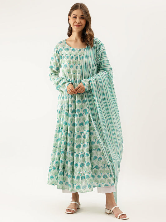 Women Green Handblock Floral Printed Cotton Kurta Set With Dupatta | LASVINI - Redefining Indian Fashion with Elegance