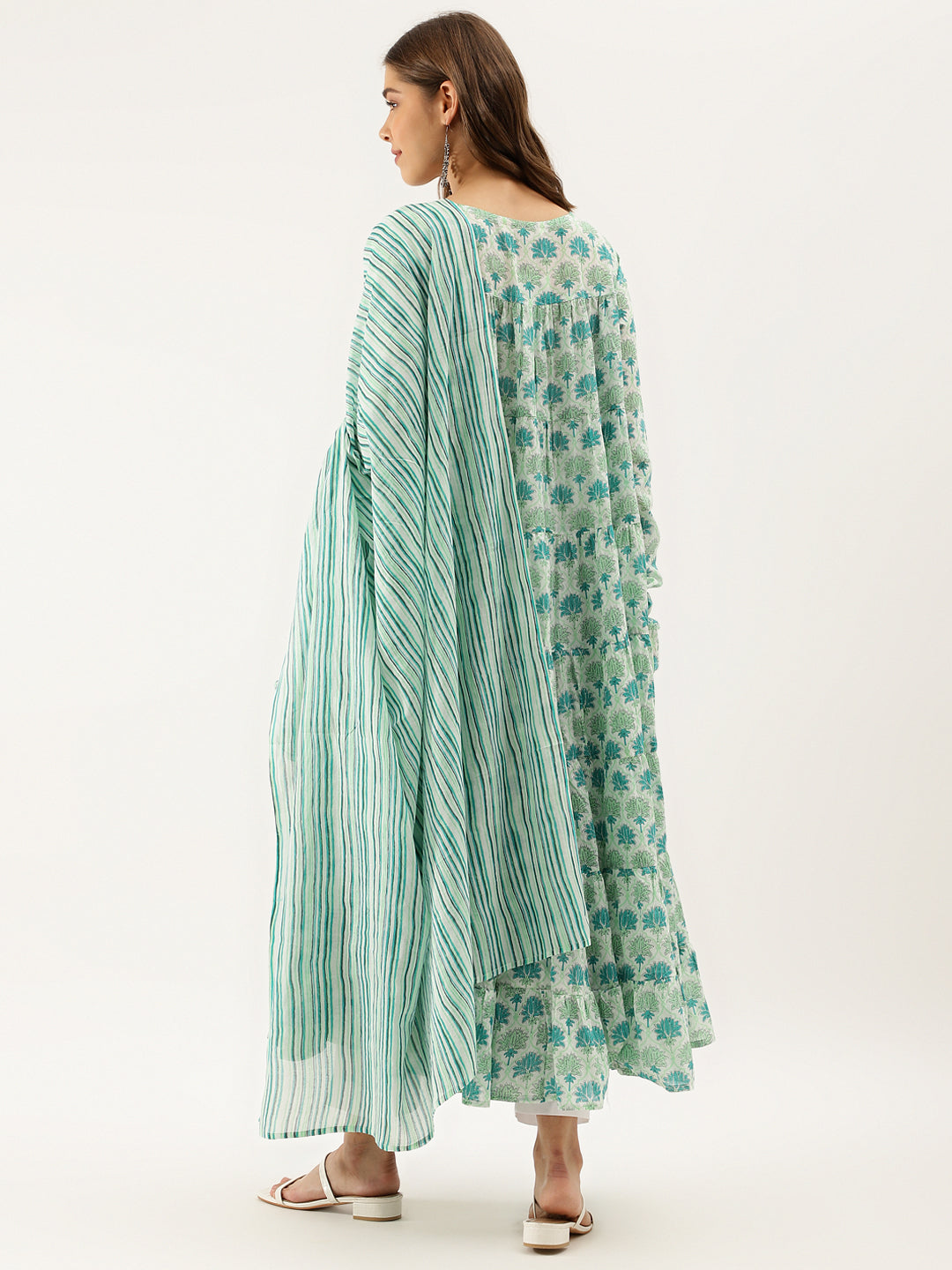 Women Green Handblock Floral Printed Cotton Kurta Set With Dupatta | LASVINI - Redefining Indian Fashion with Elegance