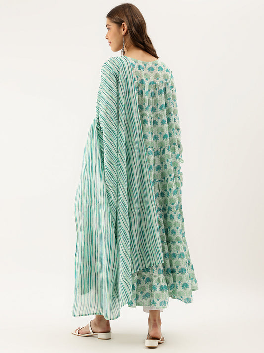 Women Green Handblock Floral Printed Cotton Kurta Set With Dupatta | LASVINI - Redefining Indian Fashion with Elegance