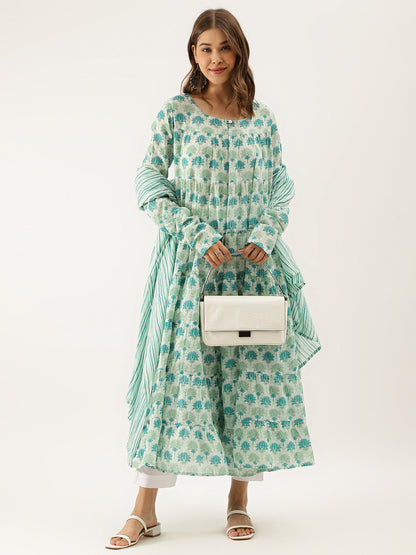 Women Green Handblock Floral Printed Cotton Kurta Set With Dupatta | LASVINI - Redefining Indian Fashion with Elegance