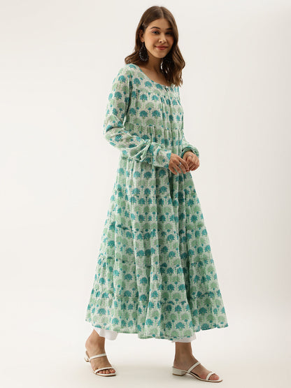 Women Green Handblock Floral Printed Cotton Kurta Set With Dupatta | LASVINI - Redefining Indian Fashion with Elegance