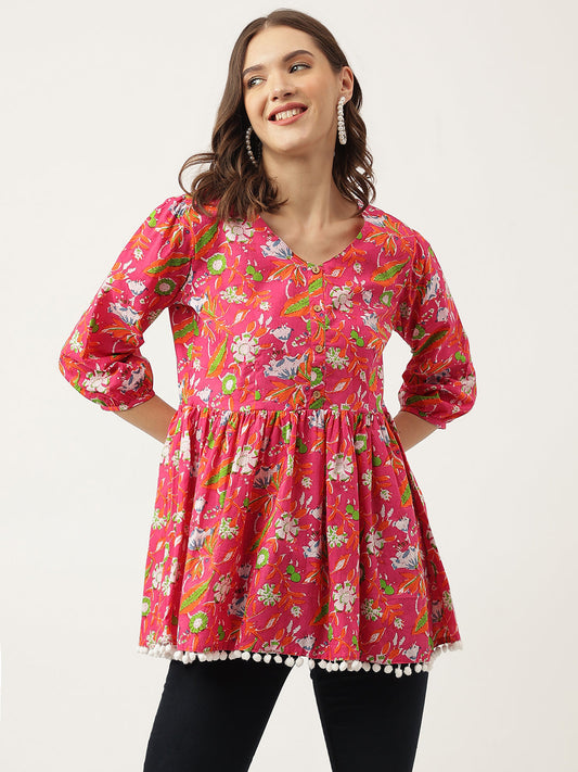 Pink Floral Printed Cotton Peplum Fit Top | LASVINI - Redefining Indian Fashion with Elegance
