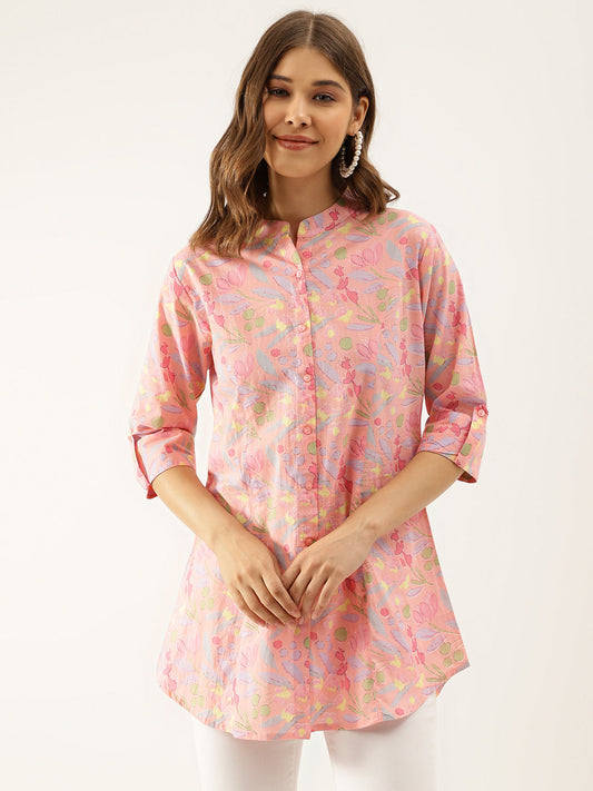 Women Pink Multi Colored Floral Print Cotton Regular Top | LASVINI - Redefining Indian Fashion with Elegance