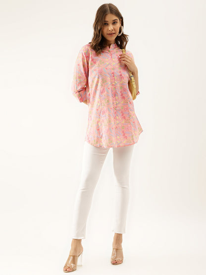 Women Pink Multi Colored Floral Print Cotton Regular Top | LASVINI - Redefining Indian Fashion with Elegance