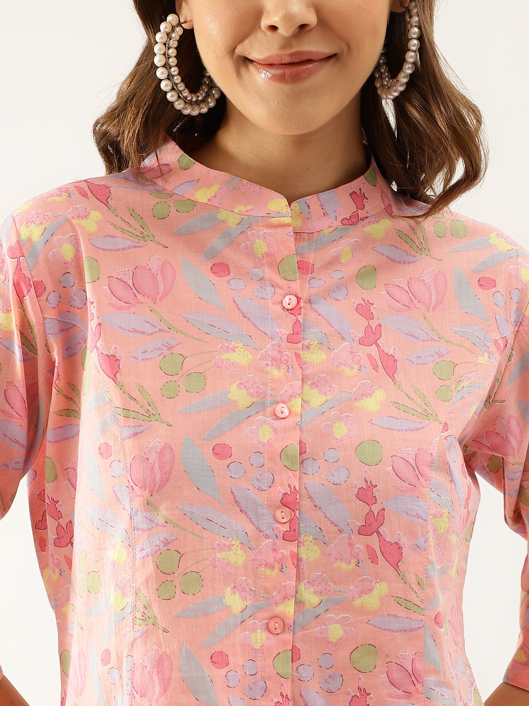 Women Pink Multi Colored Floral Print Cotton Regular Top | LASVINI - Redefining Indian Fashion with Elegance