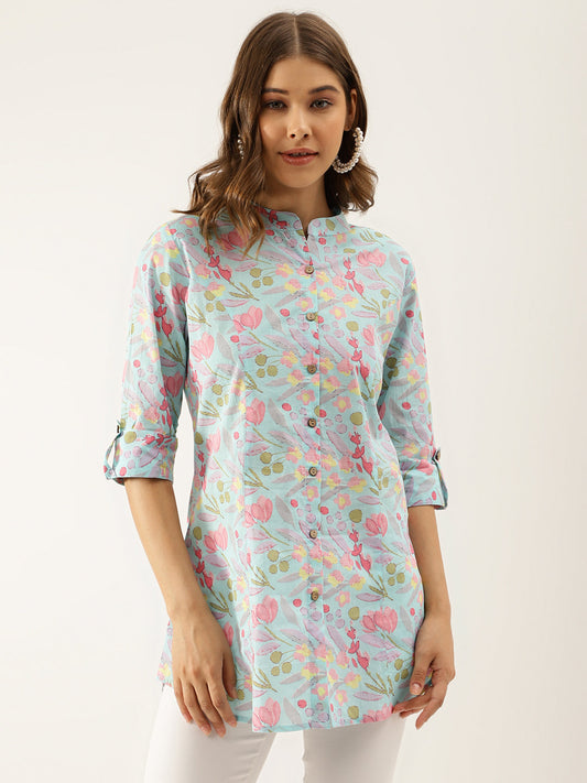 Women Sky Blue Printed Cotton Regular Fit Top | LASVINI - Redefining Indian Fashion with Elegance