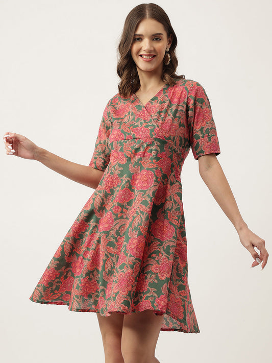 Grey Pink Floral Printed Cotton Fit & Flare Dress | LASVINI - Redefining Indian Fashion with Elegance