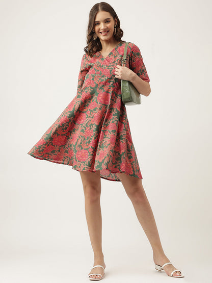 Grey Pink Floral Printed Cotton Fit & Flare Dress | LASVINI - Redefining Indian Fashion with Elegance