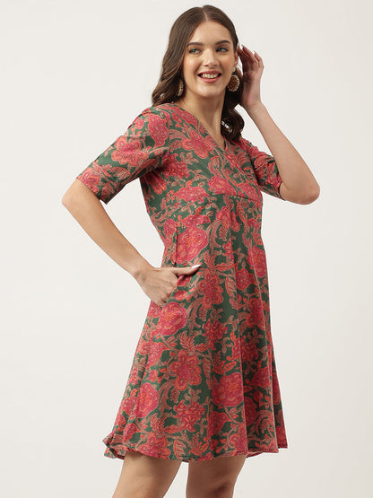 Grey Pink Floral Printed Cotton Fit & Flare Dress | LASVINI - Redefining Indian Fashion with Elegance
