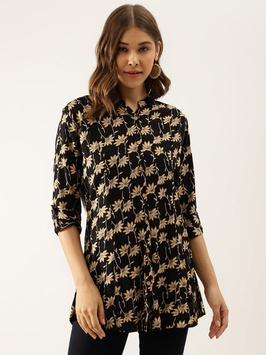 Black Floral Printed Rayon Shirt Type Top For Women | LASVINI - Redefining Indian Fashion with Elegance