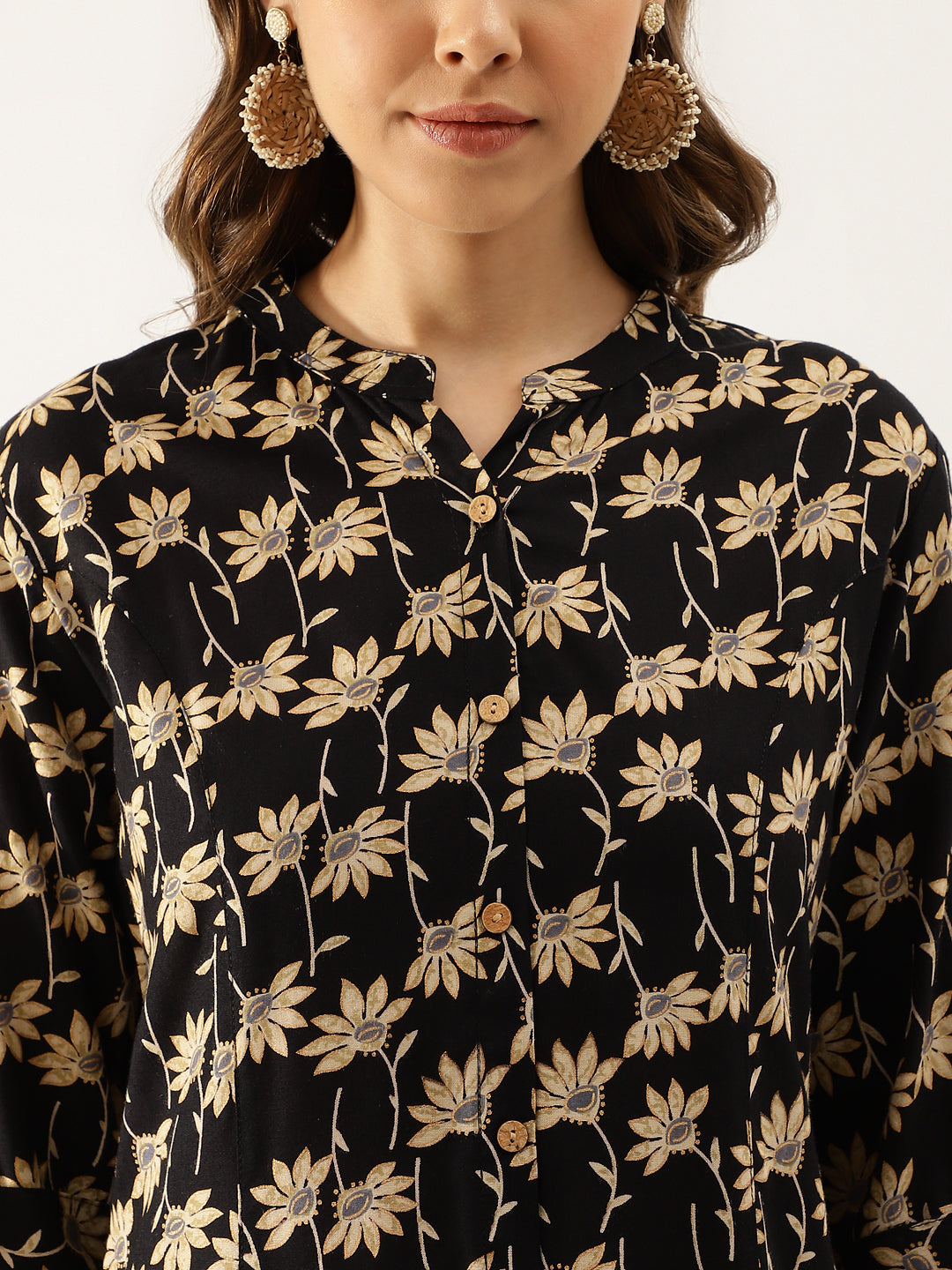 Black Floral Printed Rayon Shirt Type Top For Women | LASVINI - Redefining Indian Fashion with Elegance