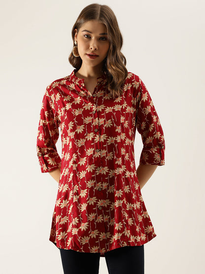 Maroon Floral Printed Rayon Shirt Type Top For Women | LASVINI - Redefining Indian Fashion with Elegance