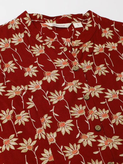 Maroon Floral Printed Rayon Shirt Type Top For Women | LASVINI - Redefining Indian Fashion with Elegance