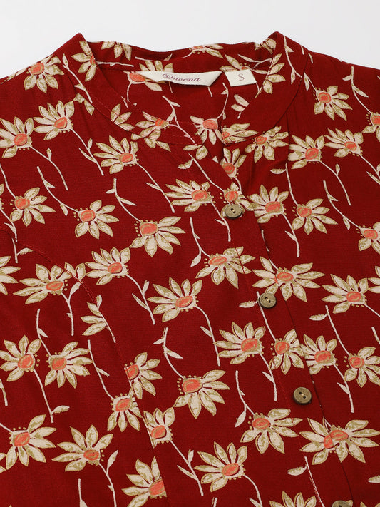 Maroon Floral Printed Rayon Shirt Type Top For Women | LASVINI - Redefining Indian Fashion with Elegance