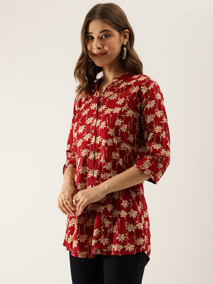Maroon Floral Printed Rayon Shirt Type Top For Women | LASVINI - Redefining Indian Fashion with Elegance