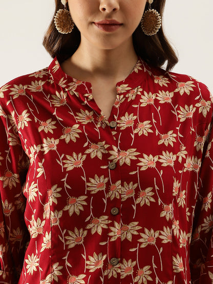 Maroon Floral Printed Rayon Shirt Type Top For Women | LASVINI - Redefining Indian Fashion with Elegance