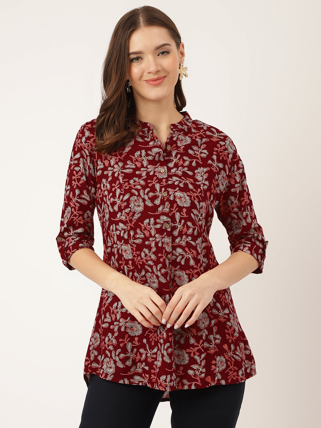 Maroon Floral Print Rayon Regular Top | LASVINI - Redefining Indian Fashion with Elegance