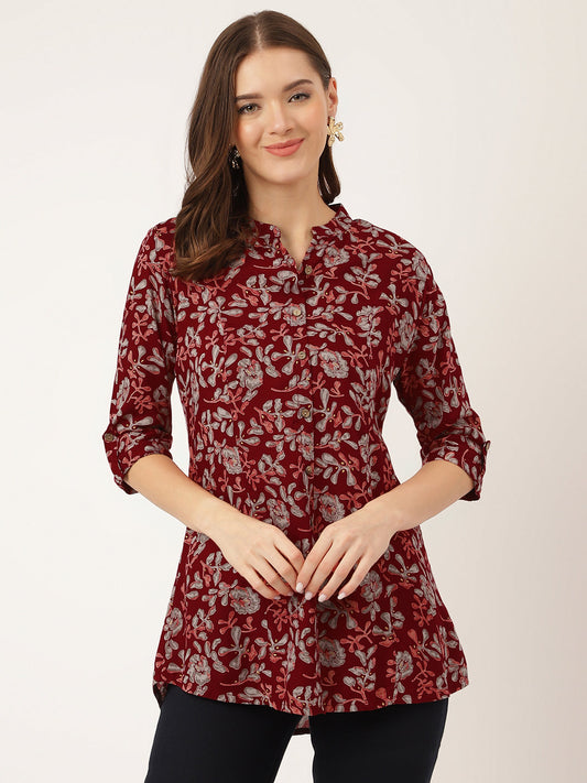 Maroon Floral Print Rayon Regular Top | LASVINI - Redefining Indian Fashion with Elegance