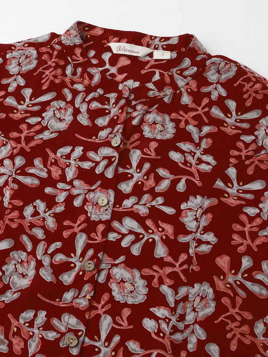 Maroon Floral Print Rayon Regular Top | LASVINI - Redefining Indian Fashion with Elegance