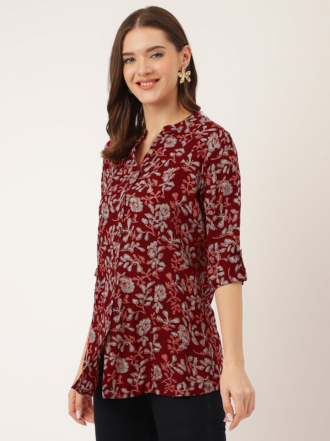 Maroon Floral Print Rayon Regular Top | LASVINI - Redefining Indian Fashion with Elegance