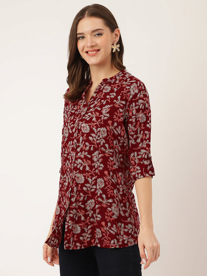 Maroon Floral Print Rayon Regular Top | LASVINI - Redefining Indian Fashion with Elegance