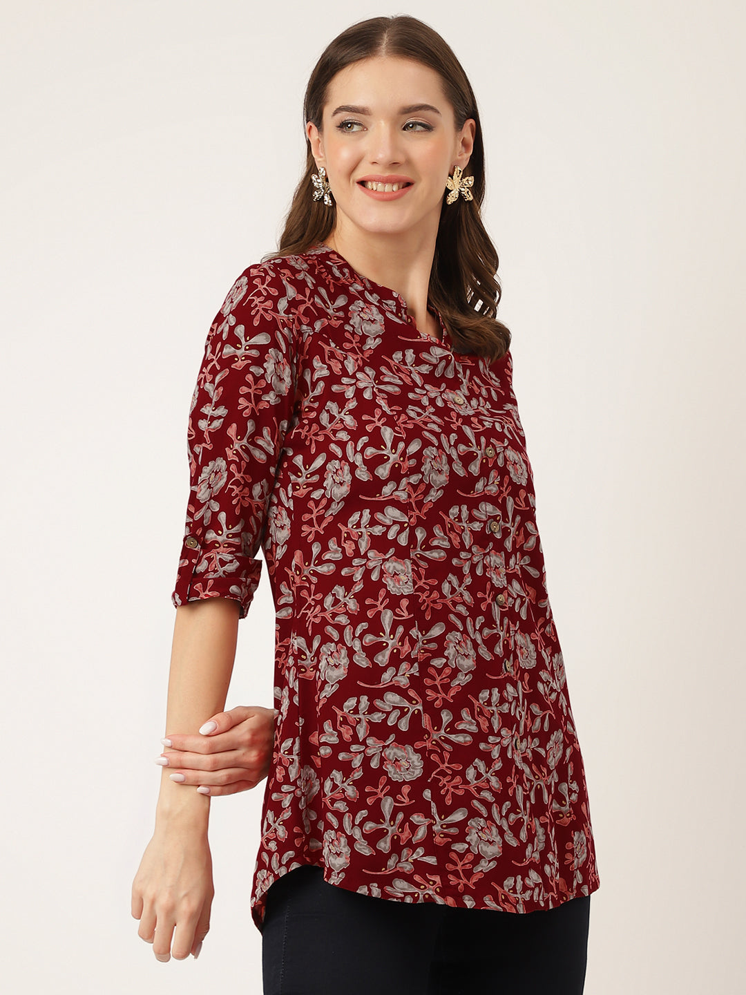 Maroon Floral Print Rayon Regular Top | LASVINI - Redefining Indian Fashion with Elegance