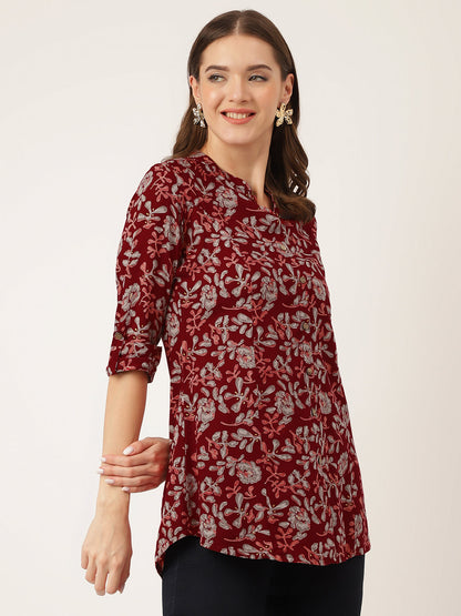 Maroon Floral Print Rayon Regular Top | LASVINI - Redefining Indian Fashion with Elegance
